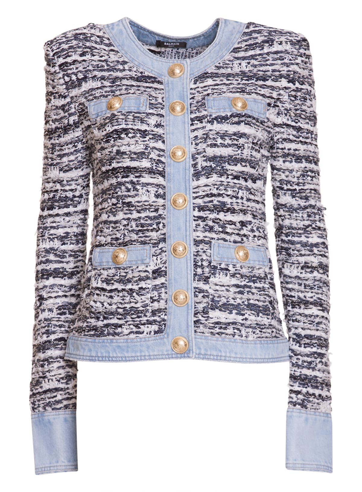 Balmain White And Blue Tweed And Denim Jacket With Golden Buttons In Multicolor