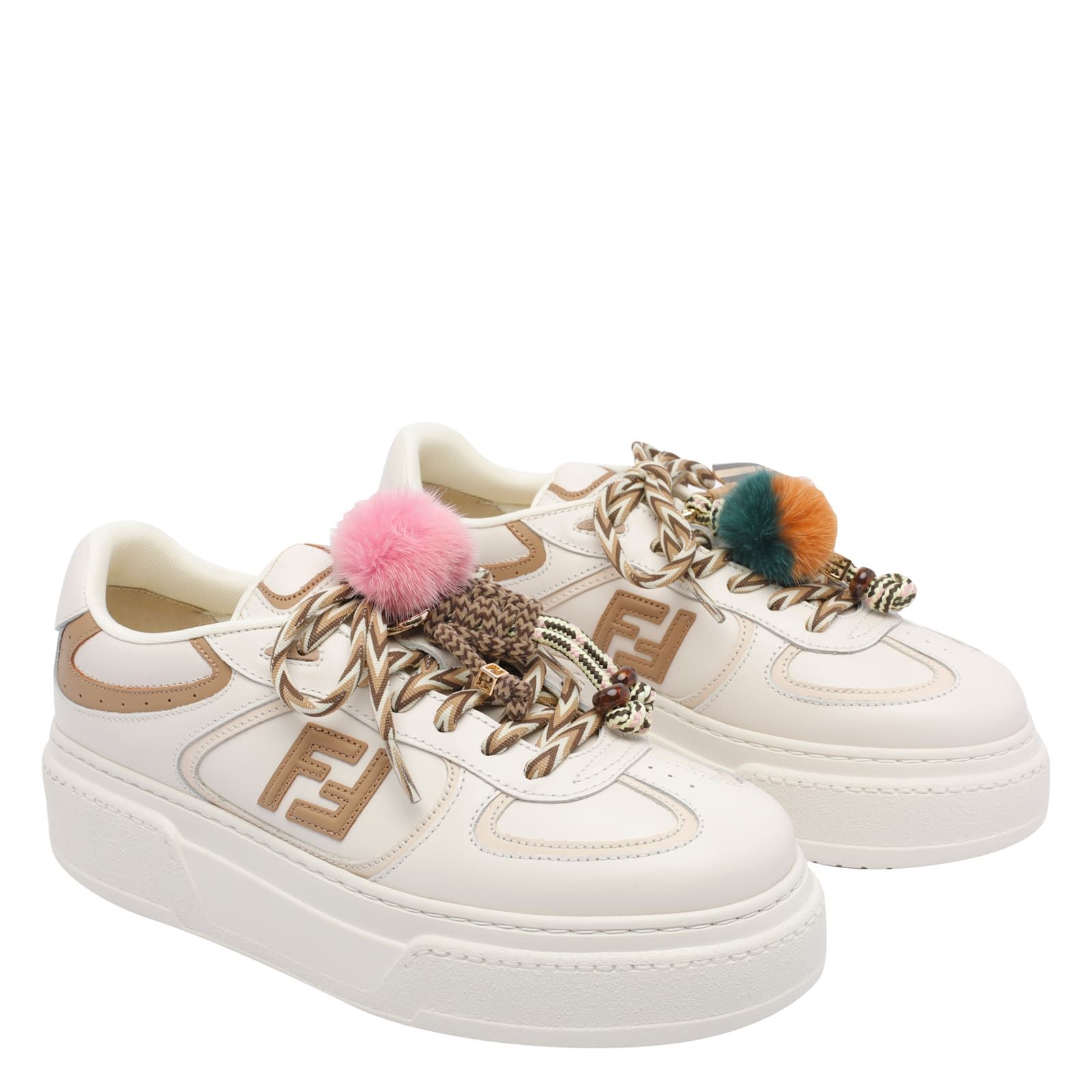 Fendi Match Low Top Platform In White Leather With Charm Women In Nude