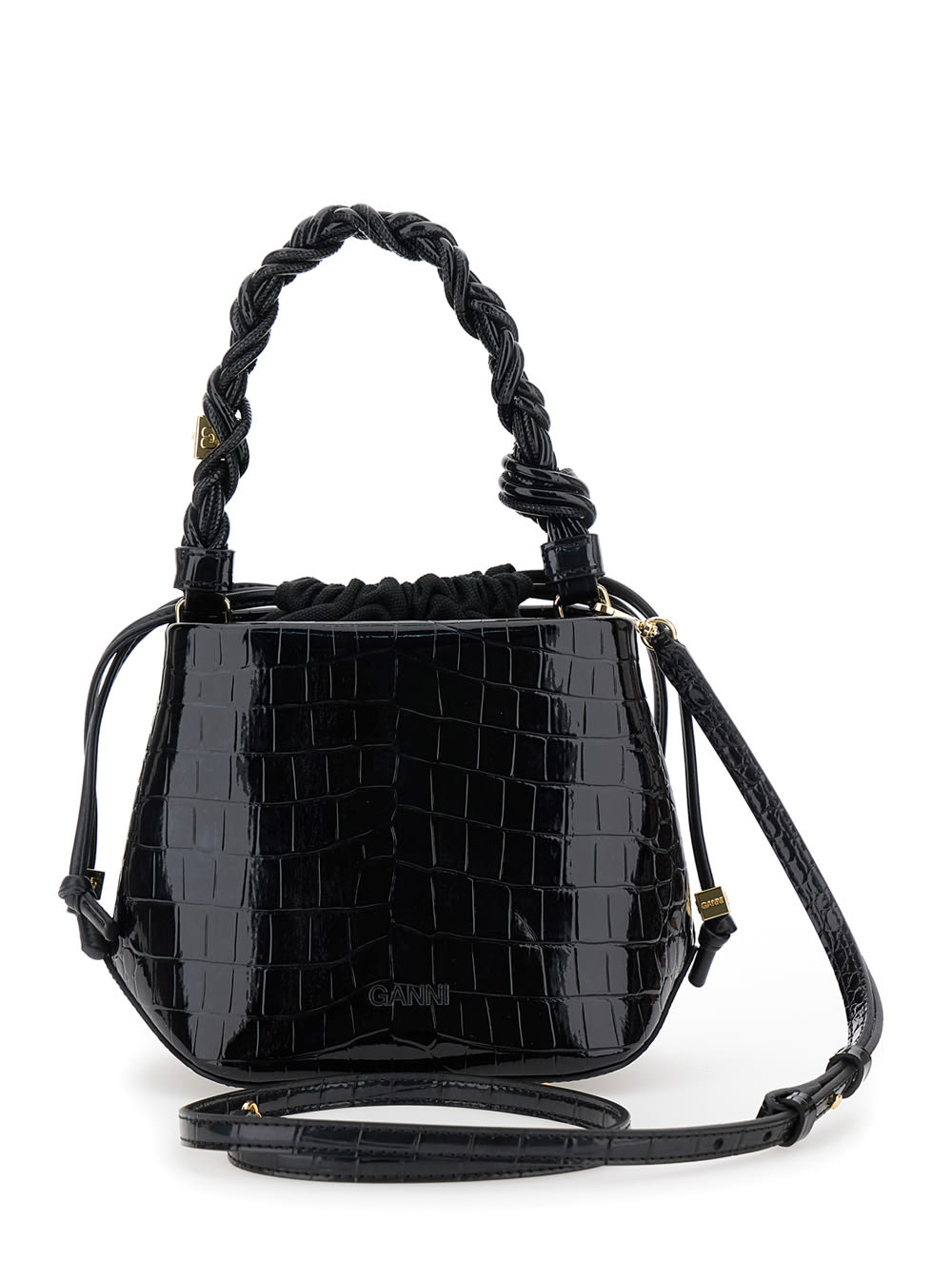 Shop Ganni Bou Bucket Bag Patent Croco In Black