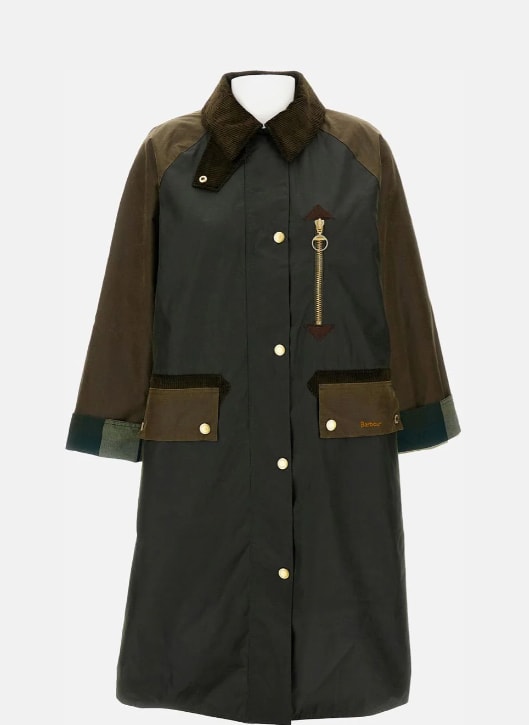 Barbour Long Length Waxed Jacket With Contrast Collar In Green