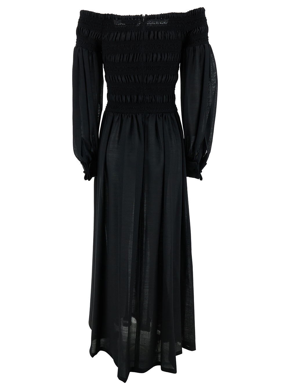 Shop Max Mara Manu Long Black Off-shoulder Dress With Puff Sleeves In Lightweight Wool Woman