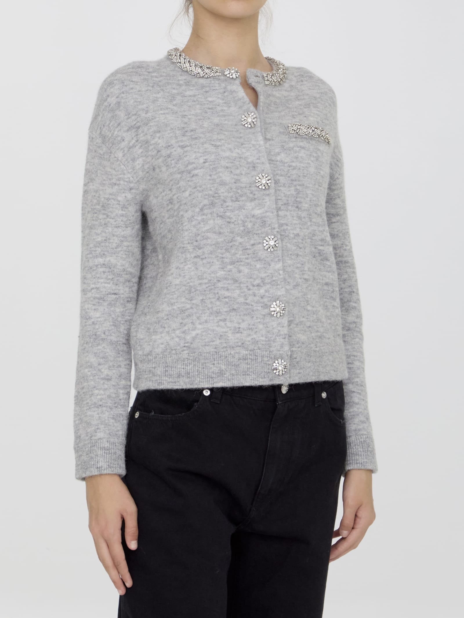 Shop Self-portrait Knit Cardigan In Grey