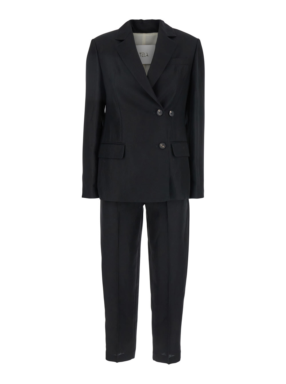 Black Double-breasted Suit With Notched Revers In Linen And Viscose Blend Woman