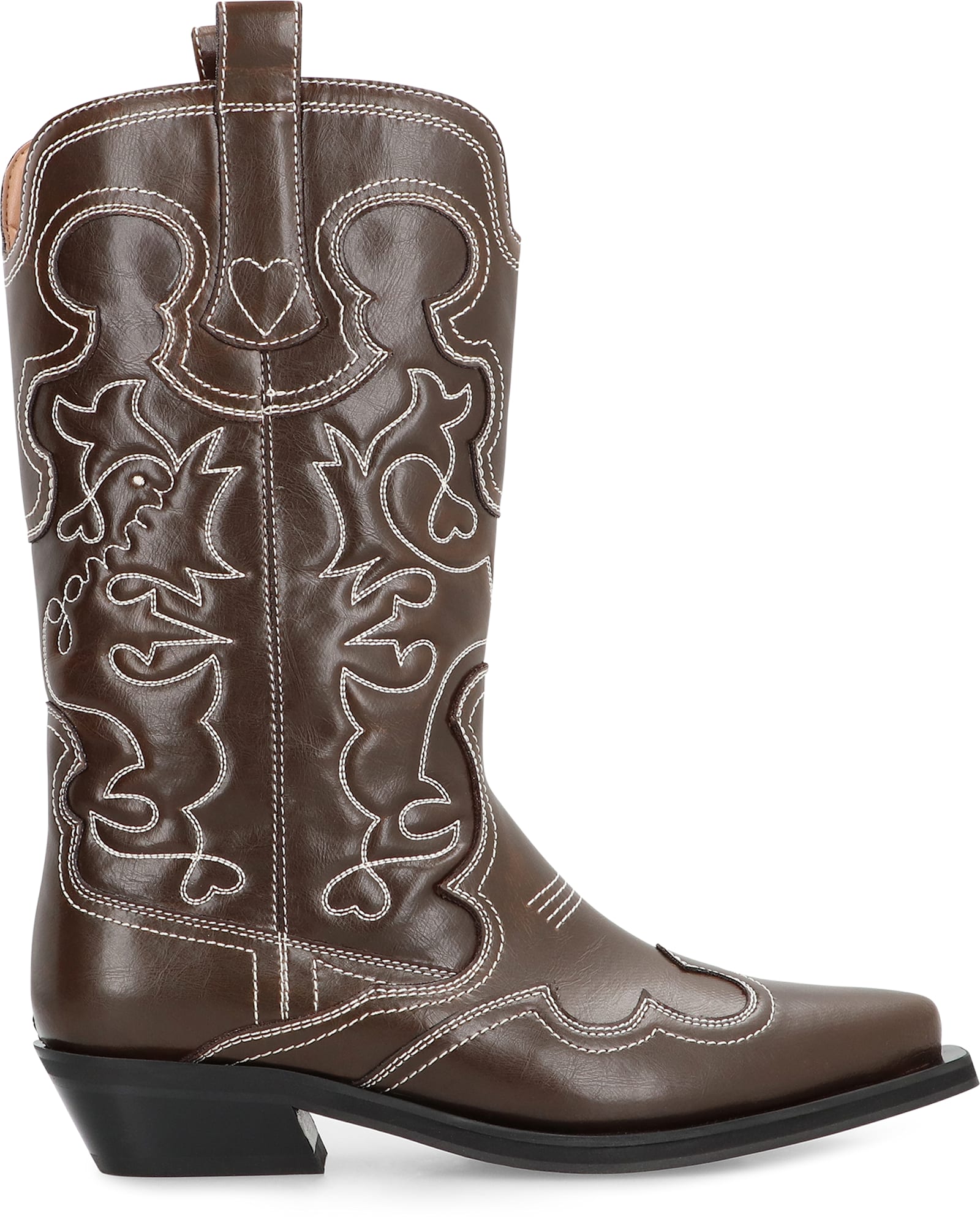 Ganni Shaft Boots With Cuban Heel And Decorative Stitching In Brown