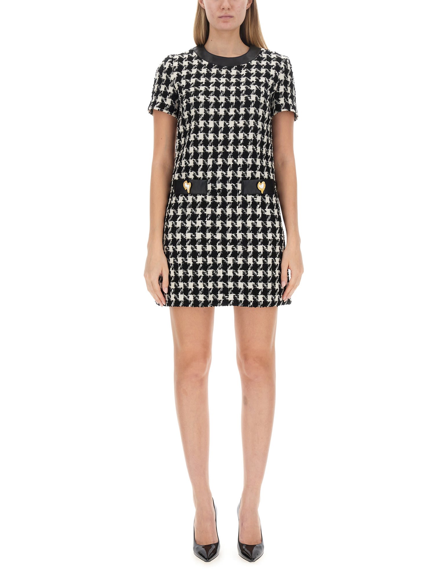 Moschino Button-embellished Houndstooth Wool-blend Tweed Mini Dress In Nero