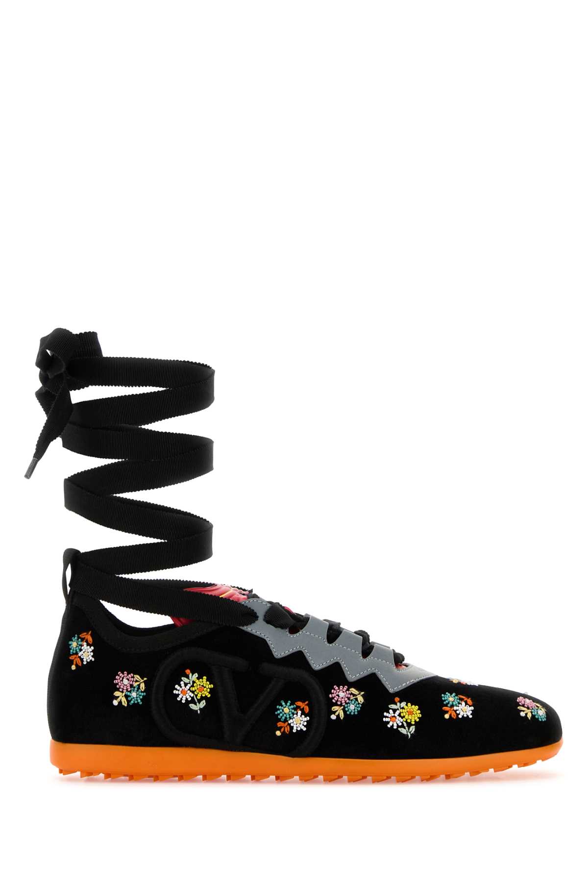 Valentino Chromathon Sneakers Velvet Floral Embroidery In Neromulticolorgrigiopumpkin