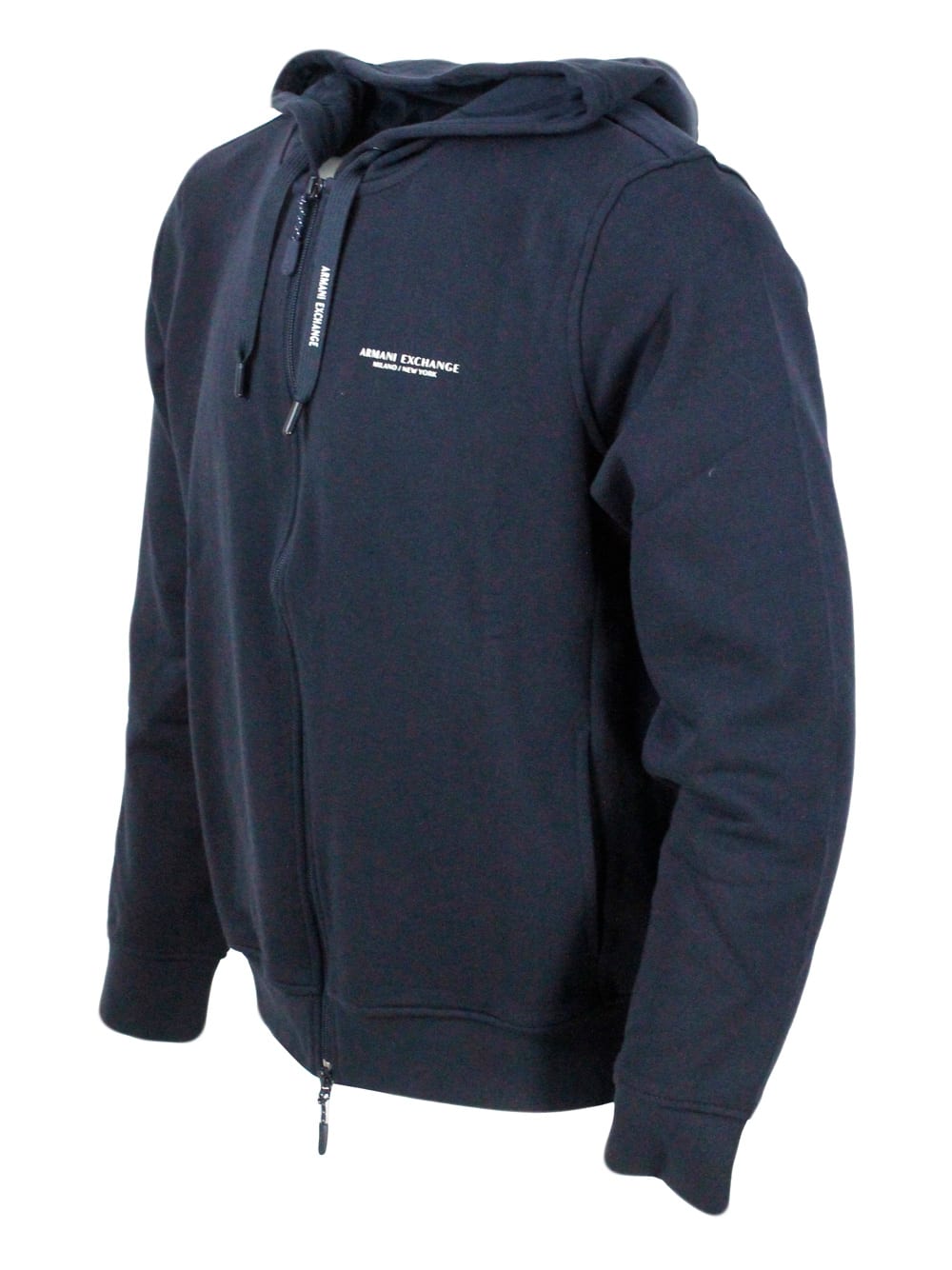 Shop Armani Collezioni Long-sleeved Full Zip Drawstring Hoodie With Small Logo On The Chest In Blu
