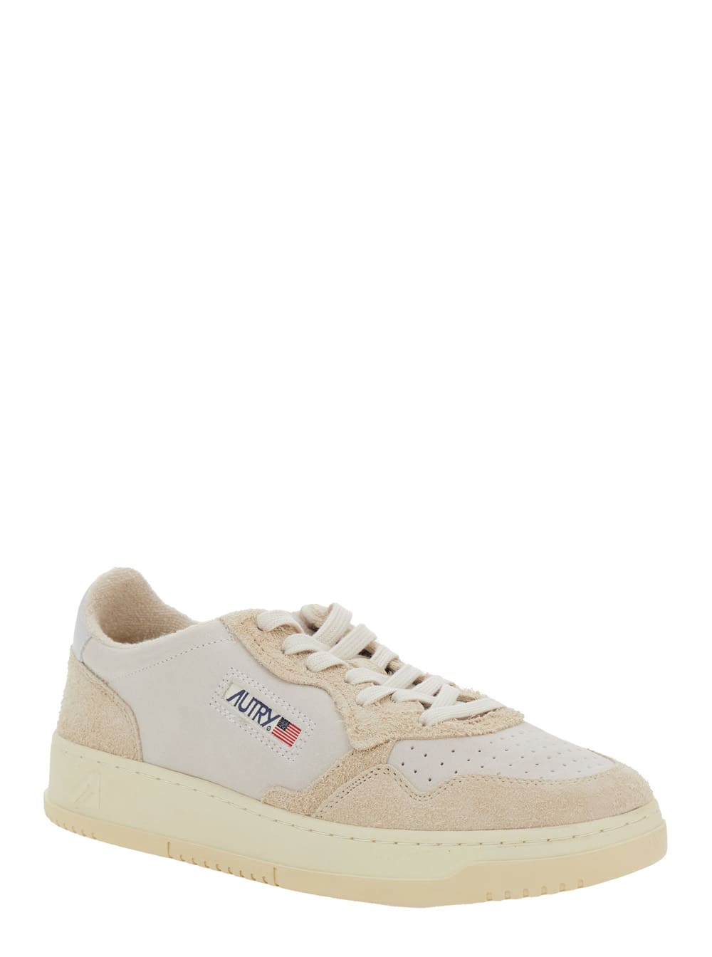 Shop Autry Medalist Low White Sneakers With Suede Inserts And Contrasting Heel Tab In Leather Man In Beige