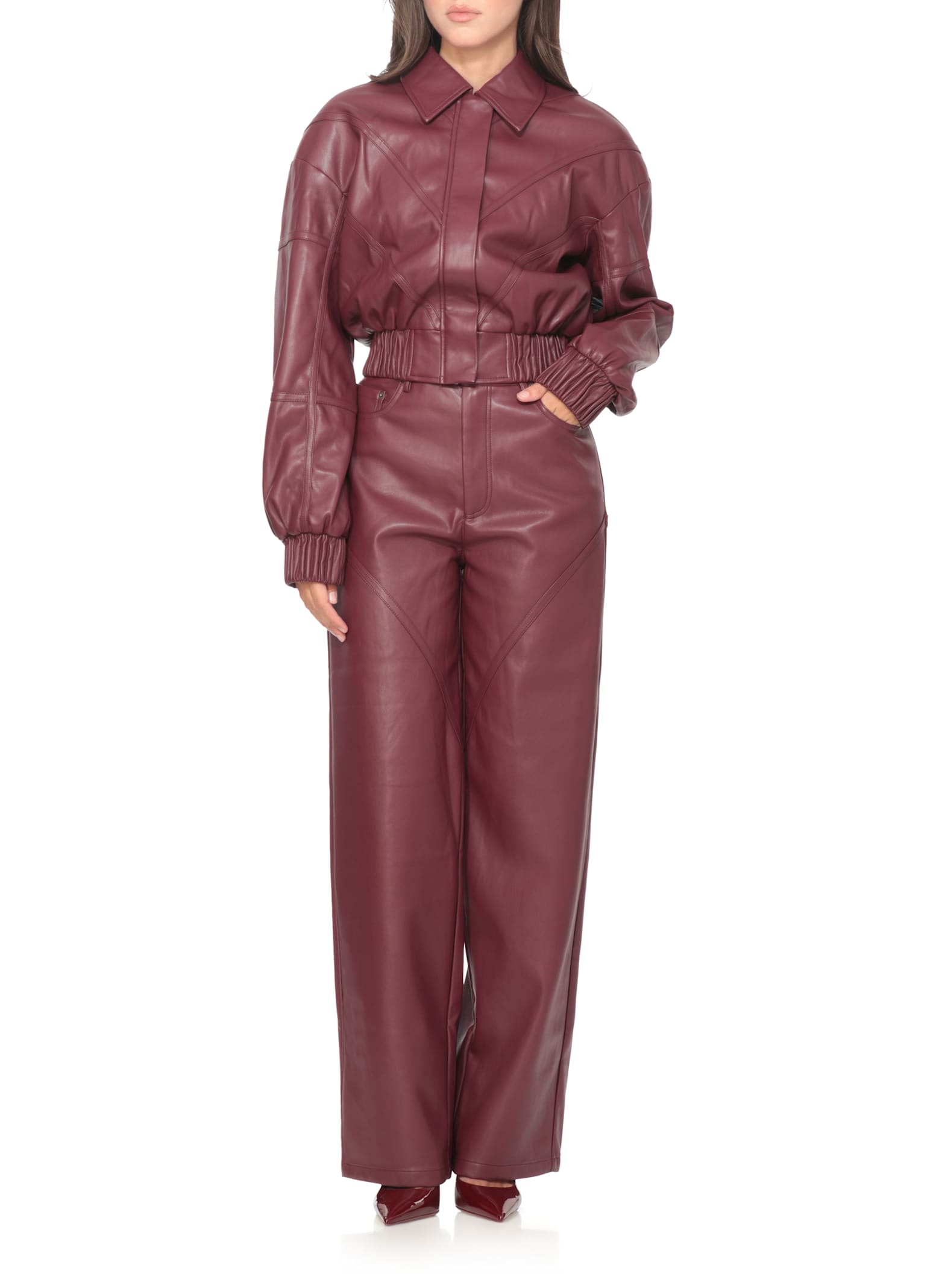 Rotate Birger Christensen Collared Panel Detailing Bomber Jacket In Burgundy