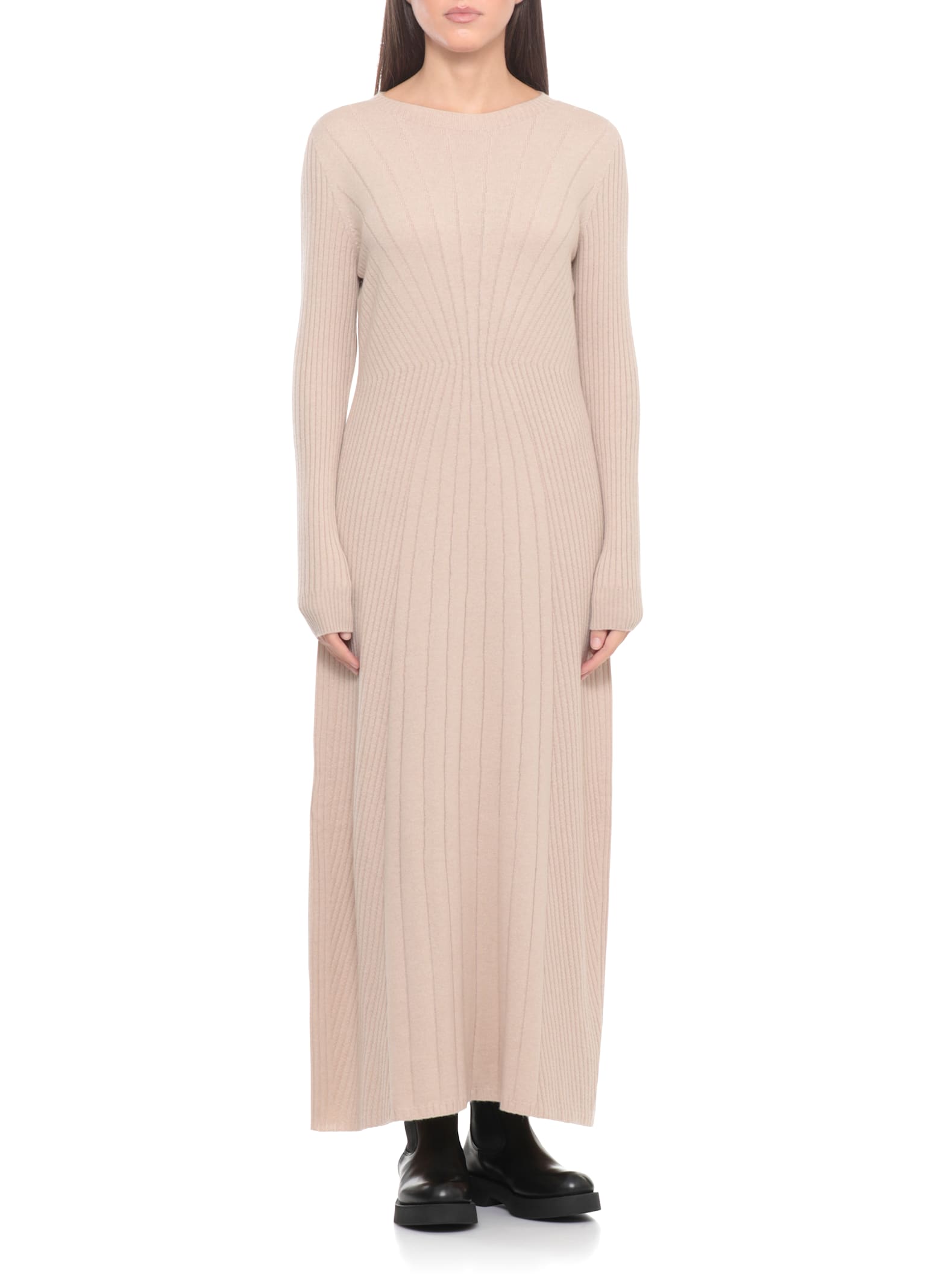 D Exterior Round-neck Long-sleeves Midi Dress In Neutral