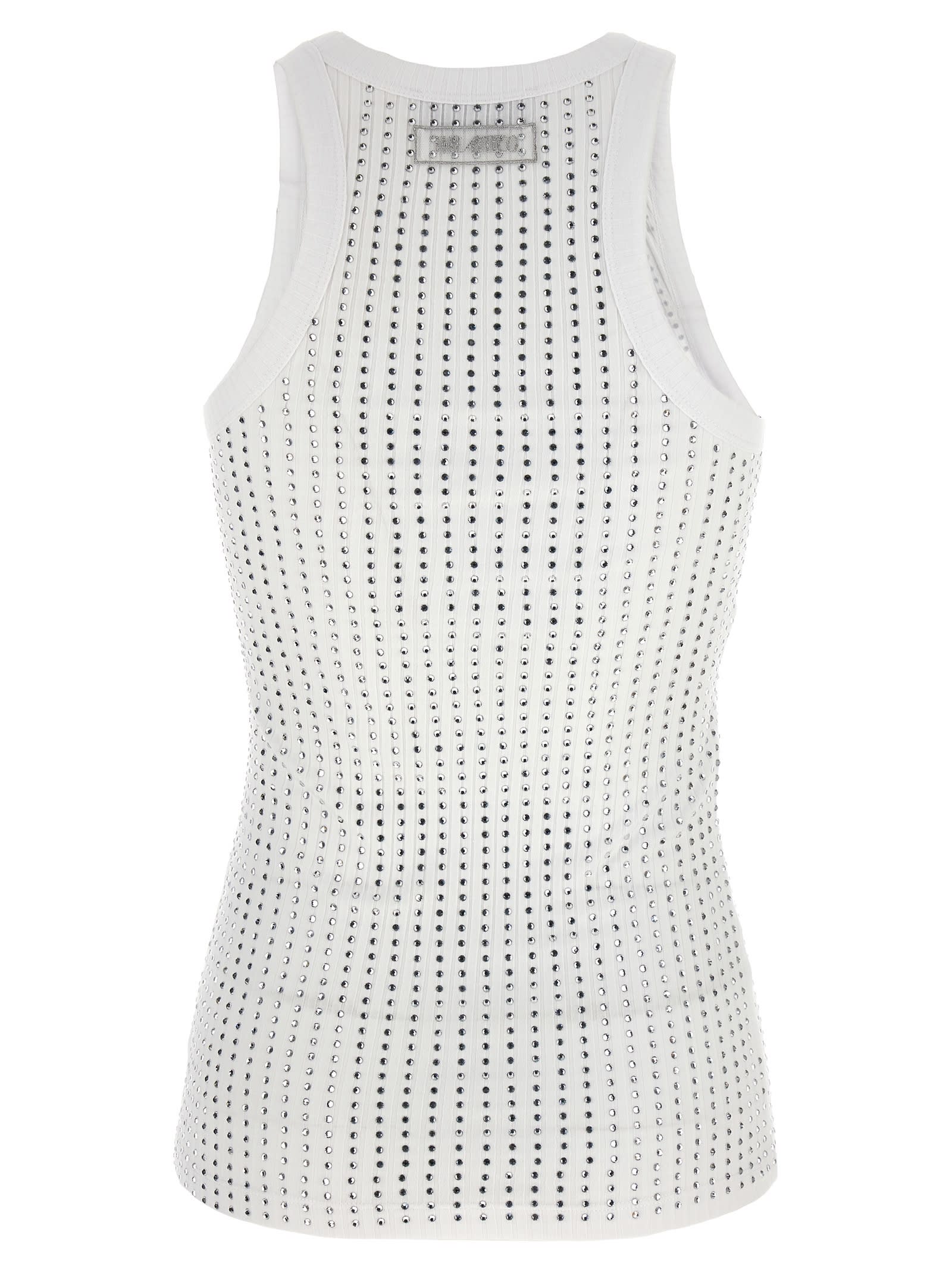 Attico White Tank Top With Multicolor Rhinestone In Jersey Woman
