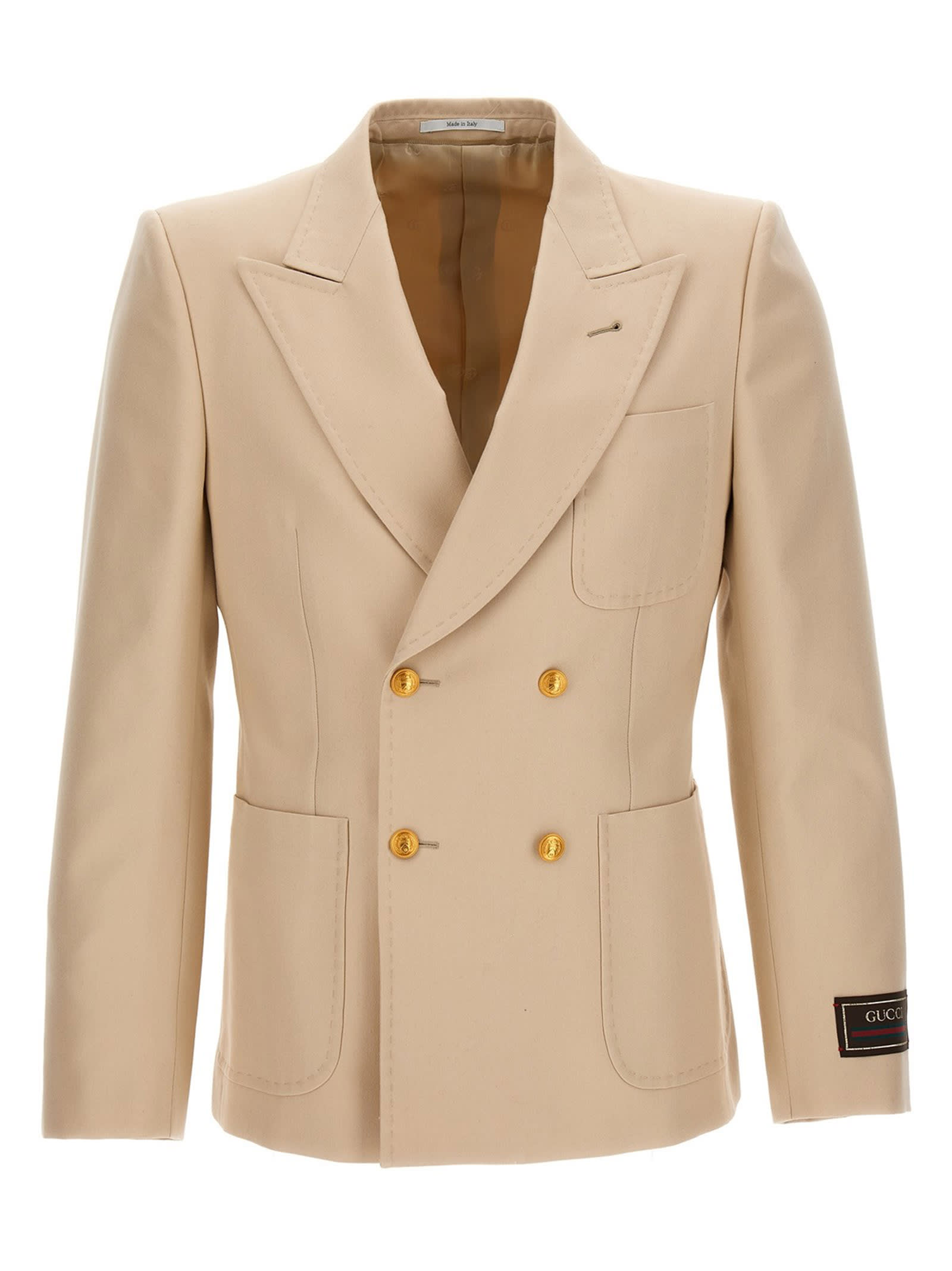 Shop Gucci Cotton Double Breast Blazer Jacket In Beige