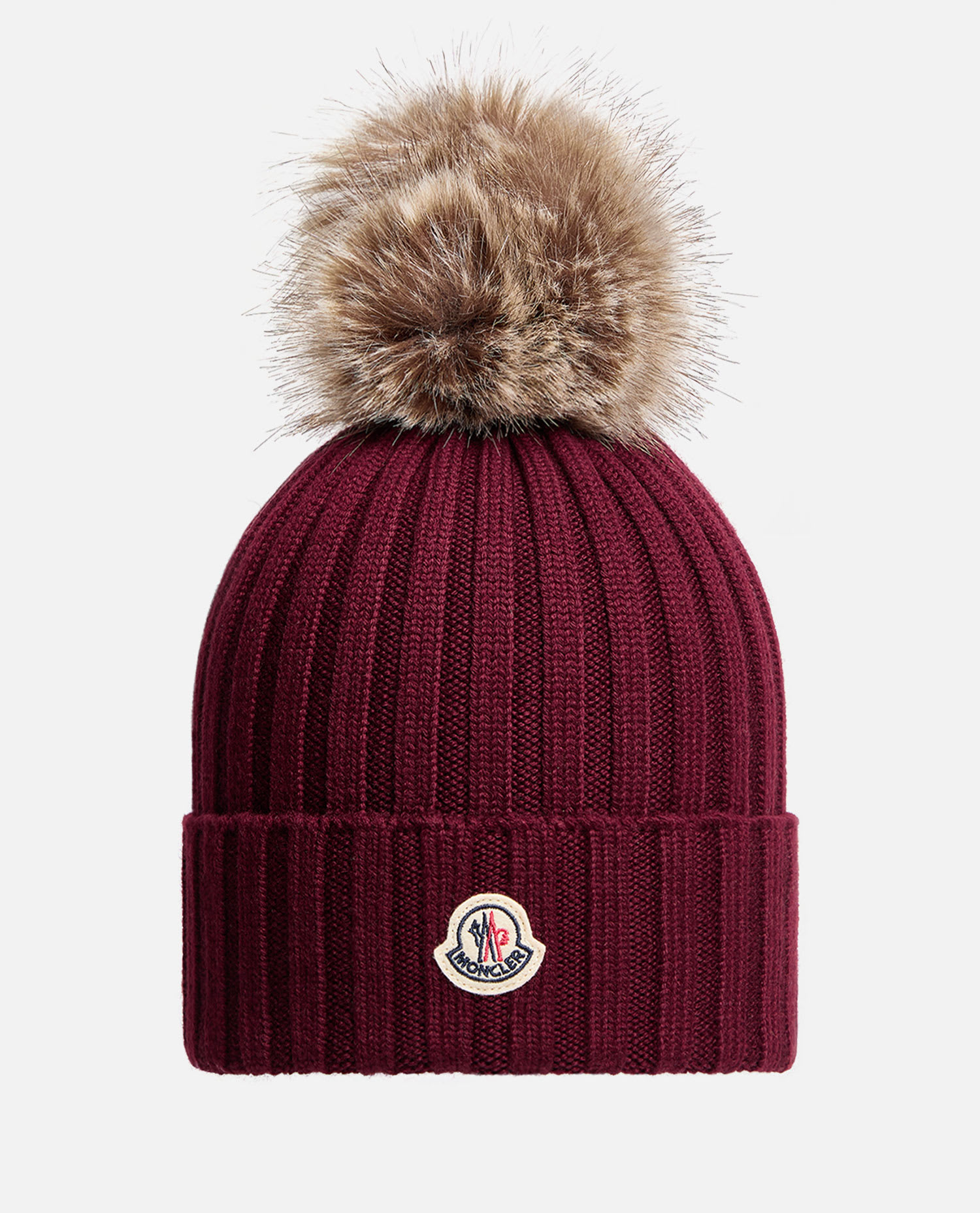 Moncler Maroon Logo Ribbed Texture Beanie Hat In Red