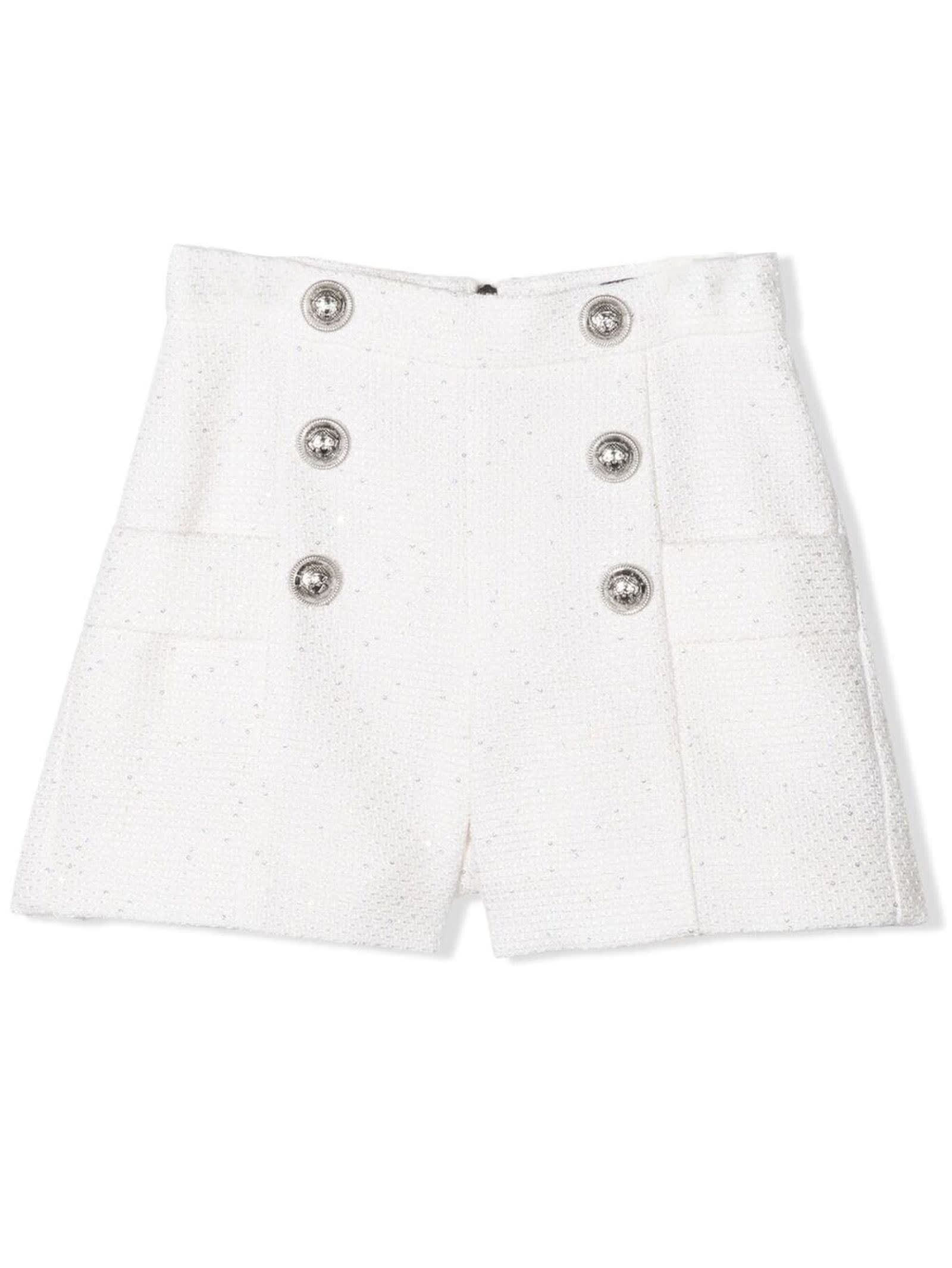 Balmain White Cotton-blend Tweed Shorts