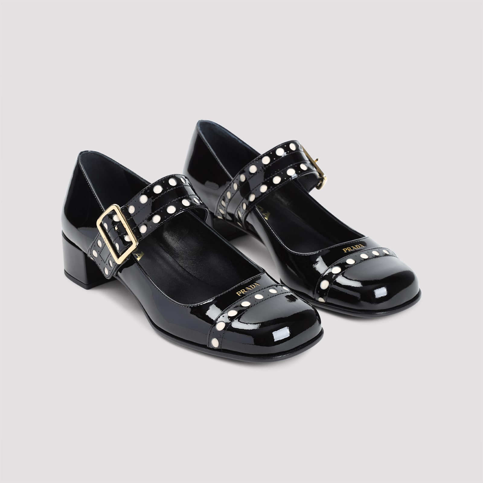 Prada Block Heel Round Toe Patent Finish Studded Detail In Nero