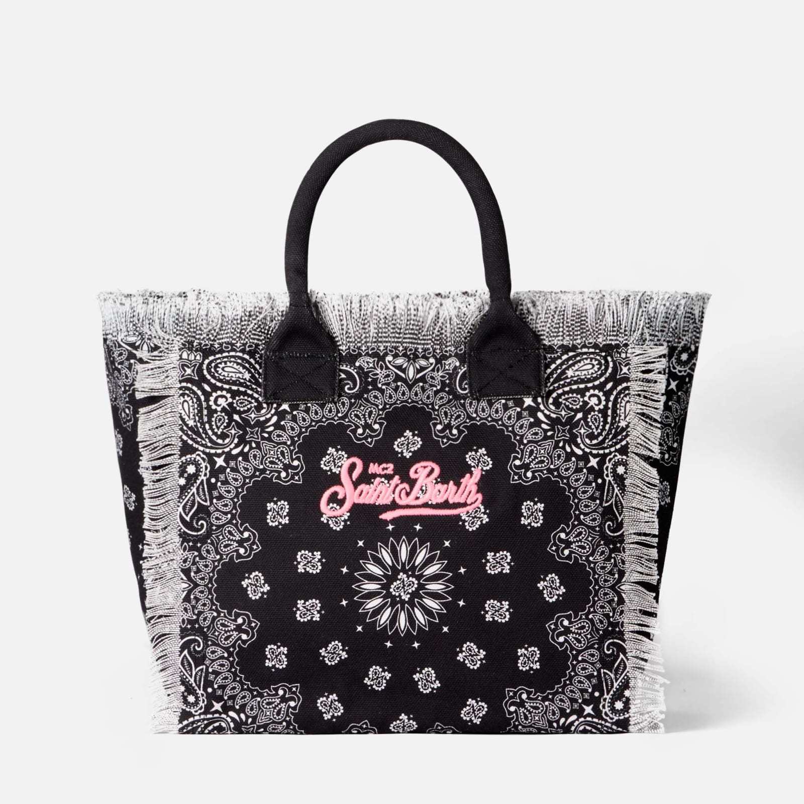 Shop Mc2 Saint Barth Vanity Canvas Shoulder Bag With White Bandanna Print On Black Background