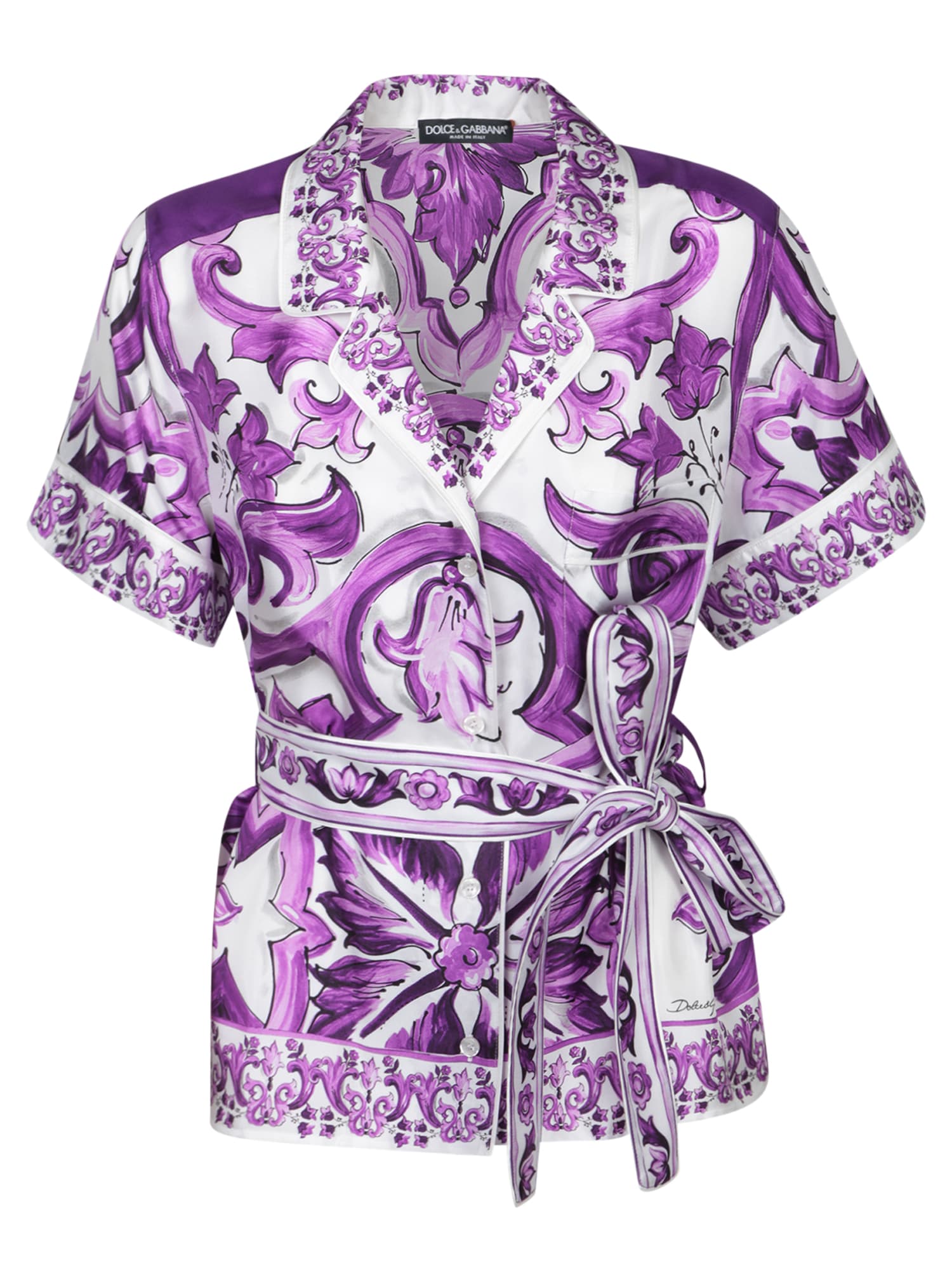 Dolce & Gabbana Dolce&gabbana Majolica Print Silk Twill Drawstring Shirt In Purple