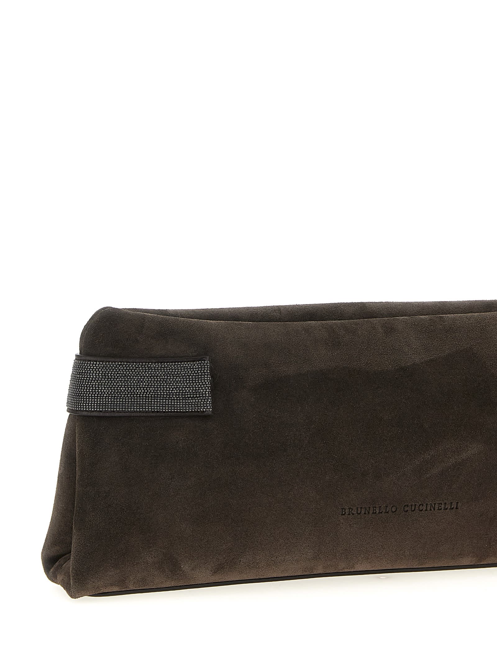 Brunello Cucinelli Suede Pochette With Monili Detail In Brown