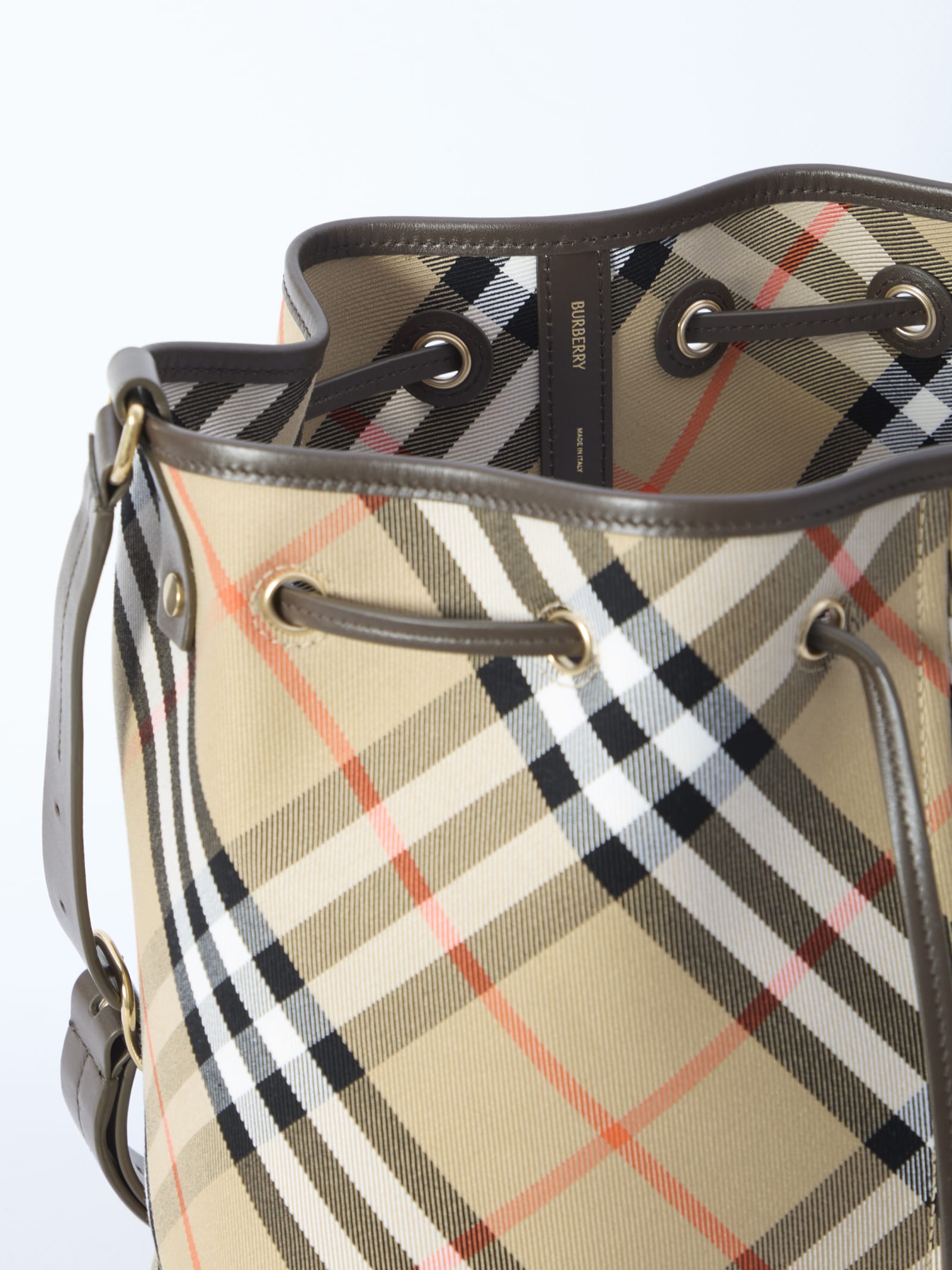 Shop Burberry Check Bucket Bag In Sand