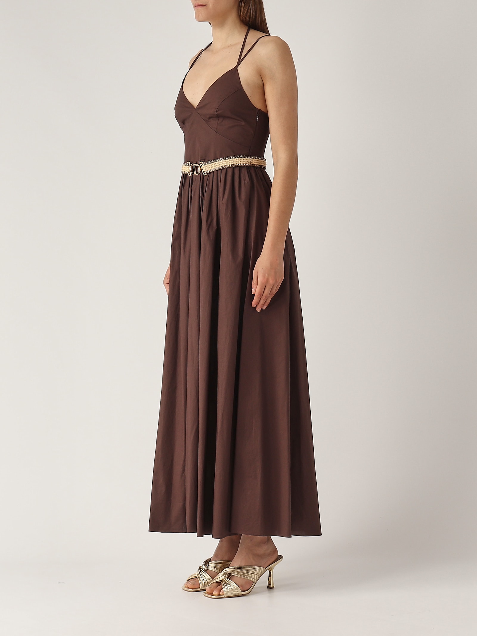 Twinset Coffee Brown Cotton Blended Long Dress With Belt Waist In Caffe