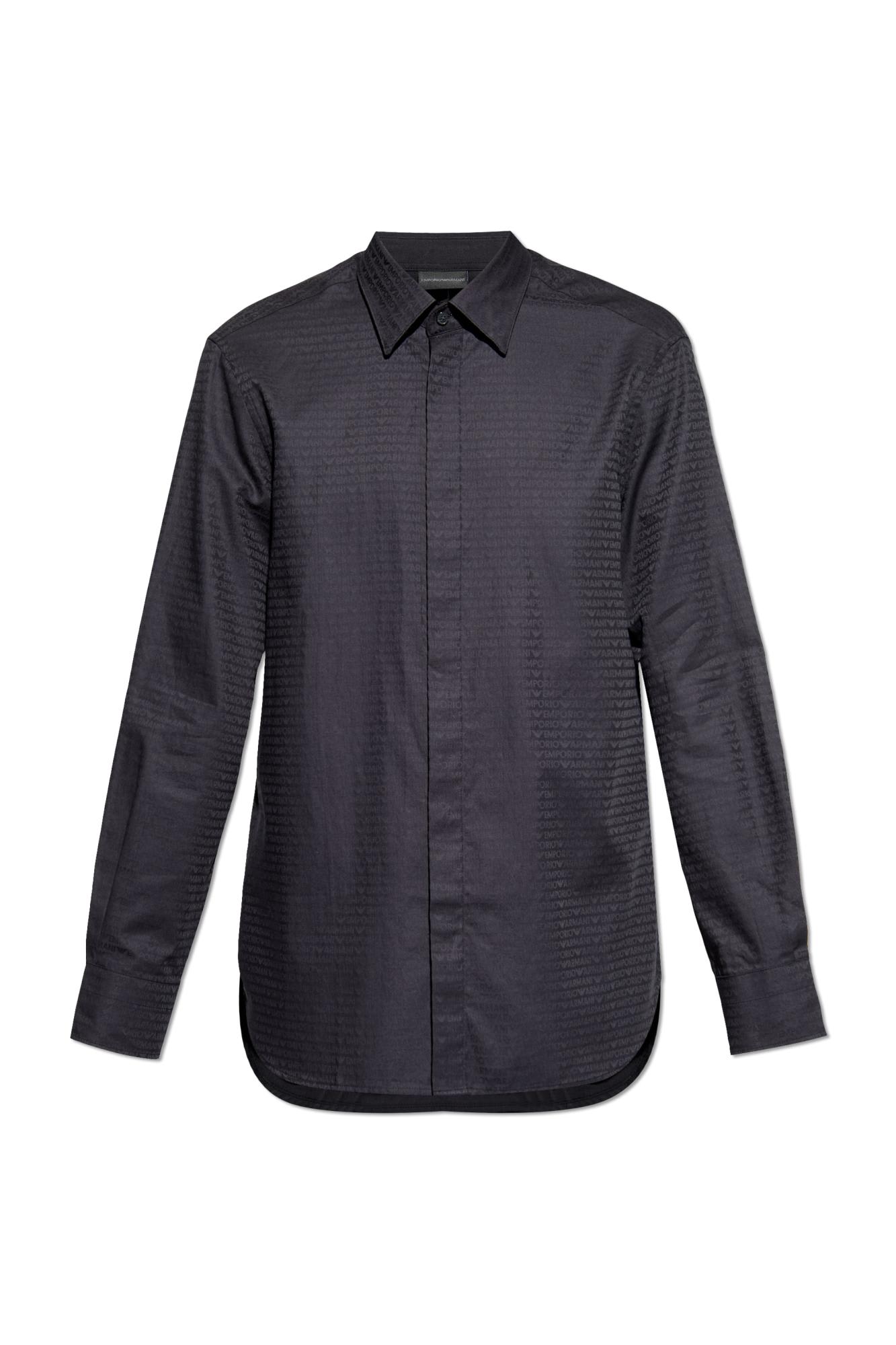 Emporio Armani Cotton Shirt With All-over Logo In Blue In Black