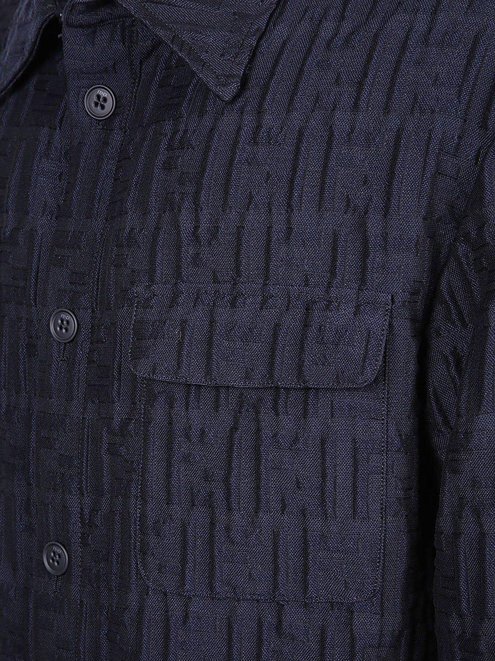 Shop Fendi Monogrammed Collared Long-sleeve Shirt In Blu