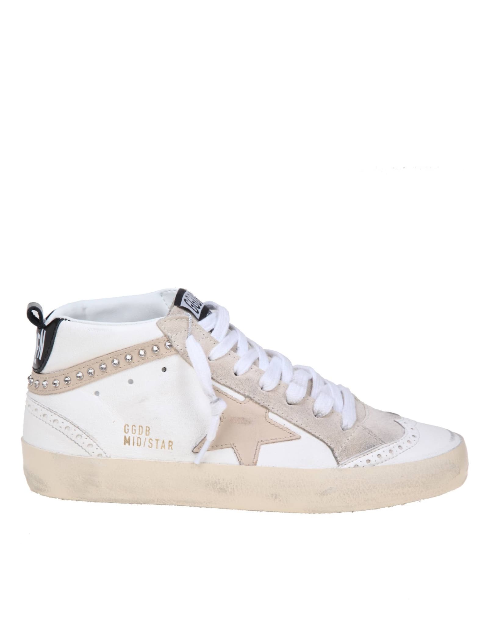 GOLDEN GOOSE GOLDEN GOOSE MID STAR SNEAKERS IN WHITE LEATHER WITH APPLIED CRYSTALS