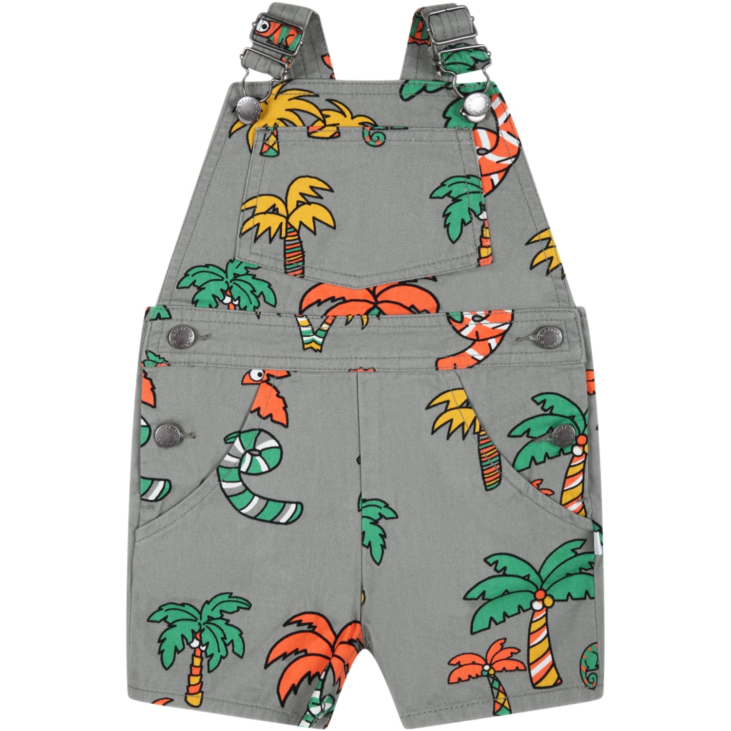 STELLA MCCARTNEY GREEN DUNGAREES FOR BABY BOY WITH PALMS AND CHAMELEONS