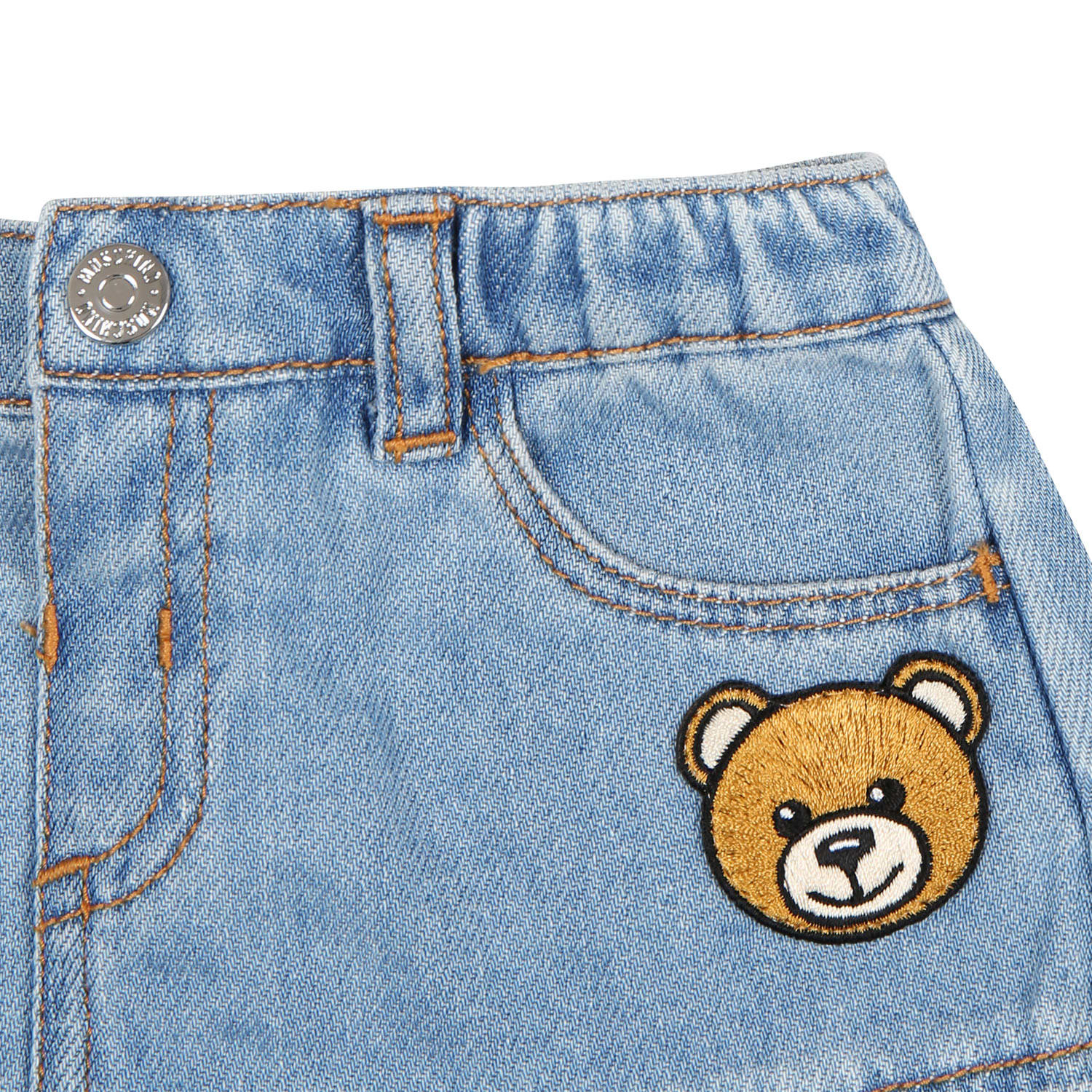 Shop Moschino Casual Denim Skirt For Baby Girl With Teddy Bear In Blue