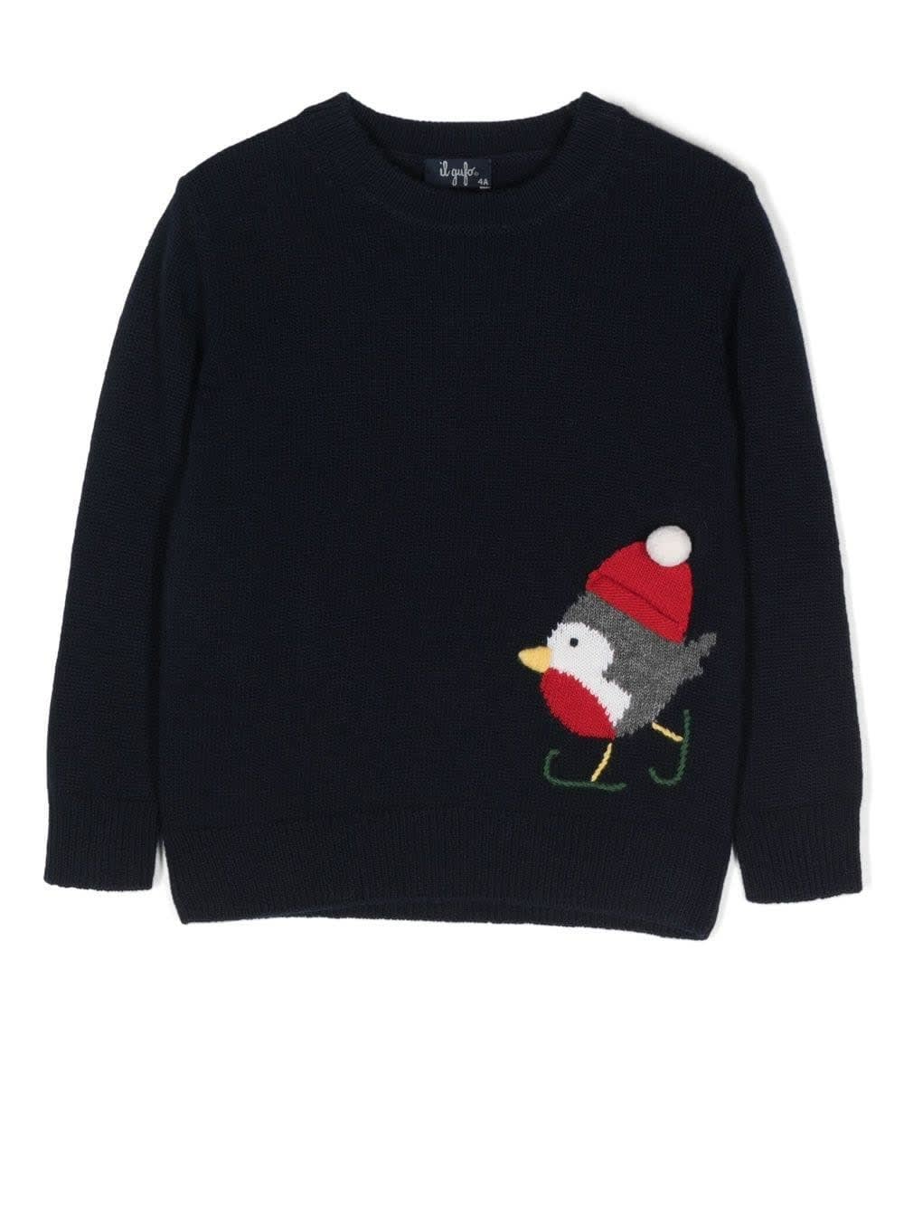 IL GUFO BABY SWEATER IN NAVY BLUE WOOL WITH CHRISTMAS ROBIN