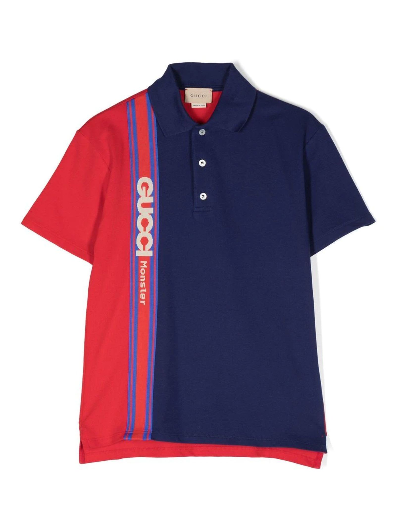 GUCCI BLUE AND RED COTTON POLO SHIRT