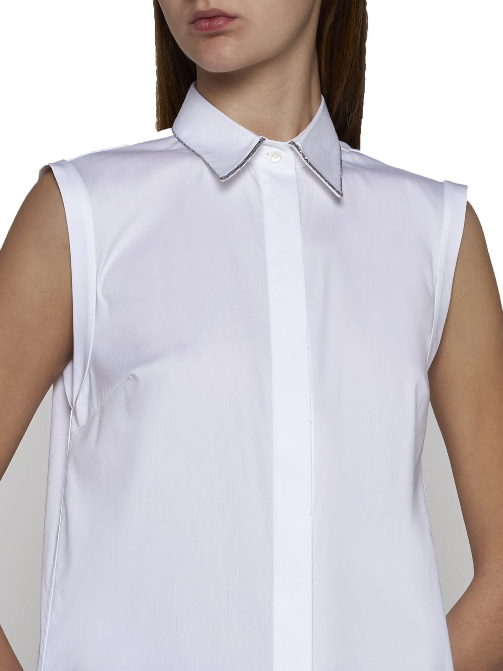 Brunello Cucinelli Cotton Poplin Button-front Shirt With Monili Collar In Bianco
