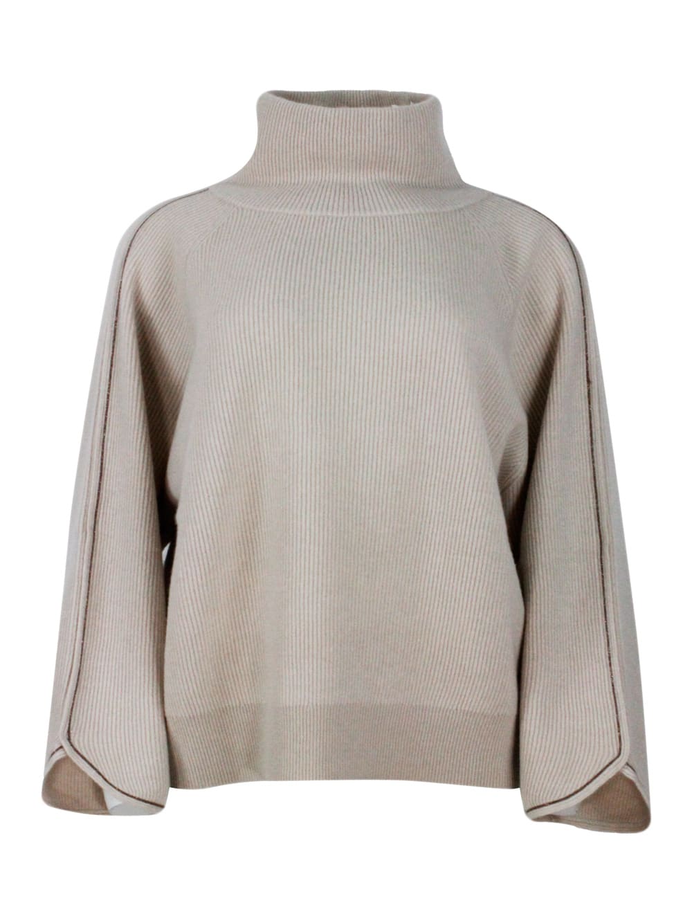 Brunello Cucinelli Long-sleeved Turtleneck Sweater In Soft And Precious 100% Cashmere Made In Half English Rib. Rows Of Jewels On The Sleeves