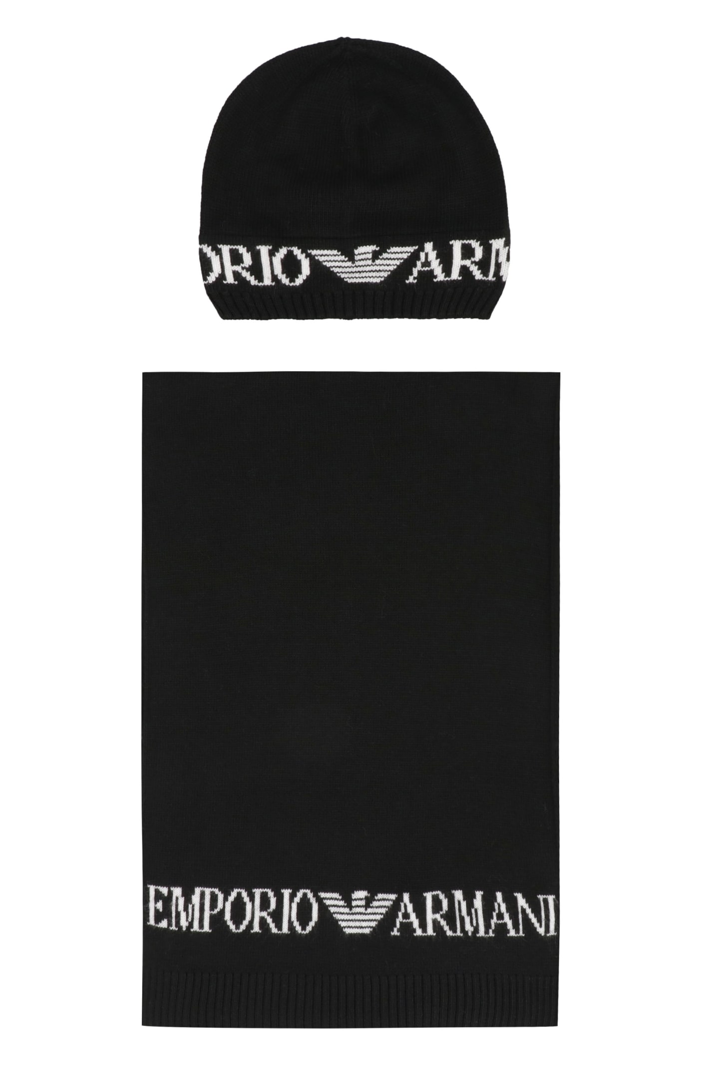 Shop Emporio Armani Knit Beanie And Scarf Set In Black