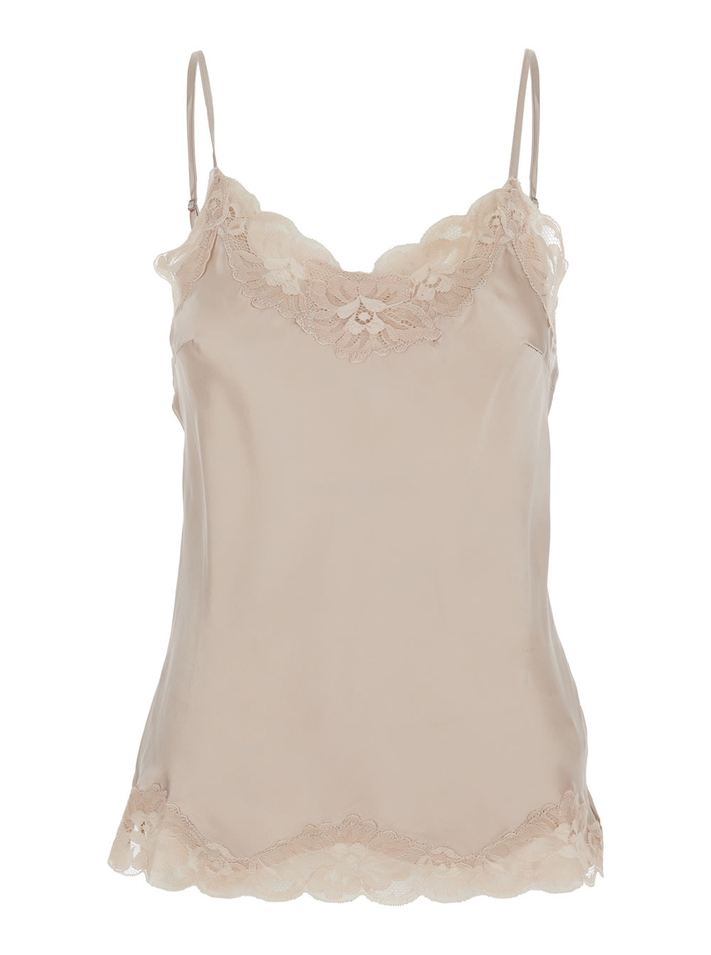 Beige Sleeveless Top With Adjustable Spaghetti Straps And Floral Emellishment In Silk Woman