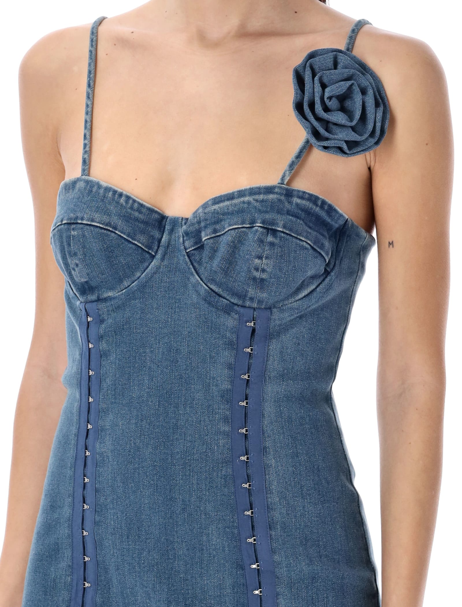Shop Rotate Birger Christensen Denim Rose Mini Dress In Medium Blue