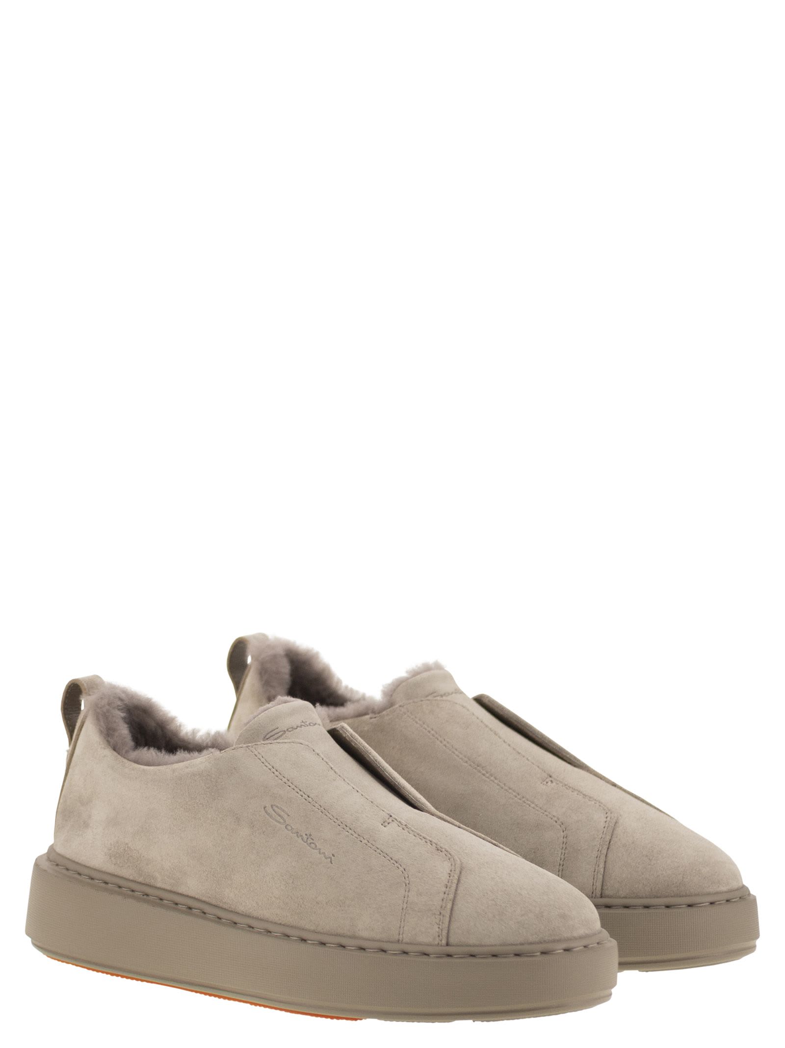 Santoni Slip-on Suede Sneakers With Fur In Gray
