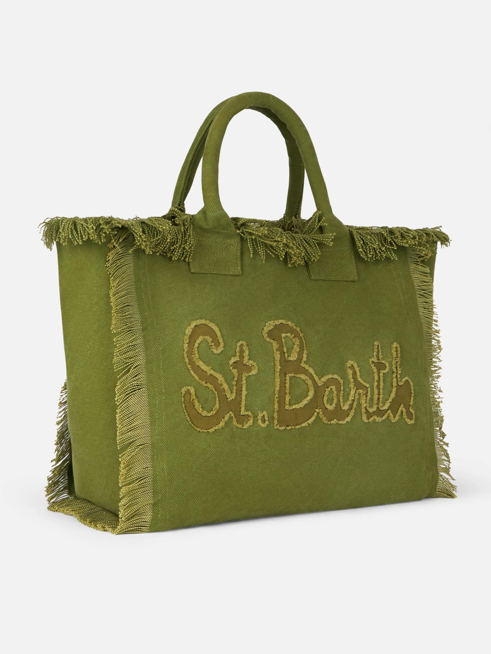 Mc2 Saint Barth Military Green Cotton Canvas Vanity Tote Bag With Logo Patch In Green