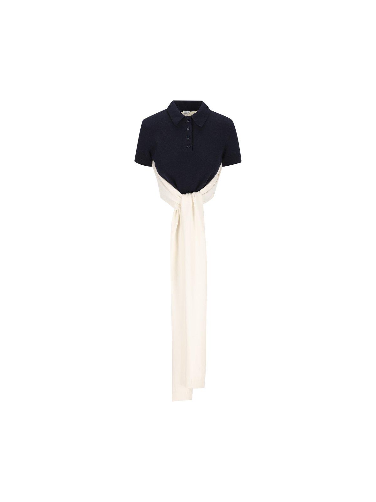 Loewe Colorblock Cropped Backless Wool Cashmere Polo Sweater With Self-tie In Black