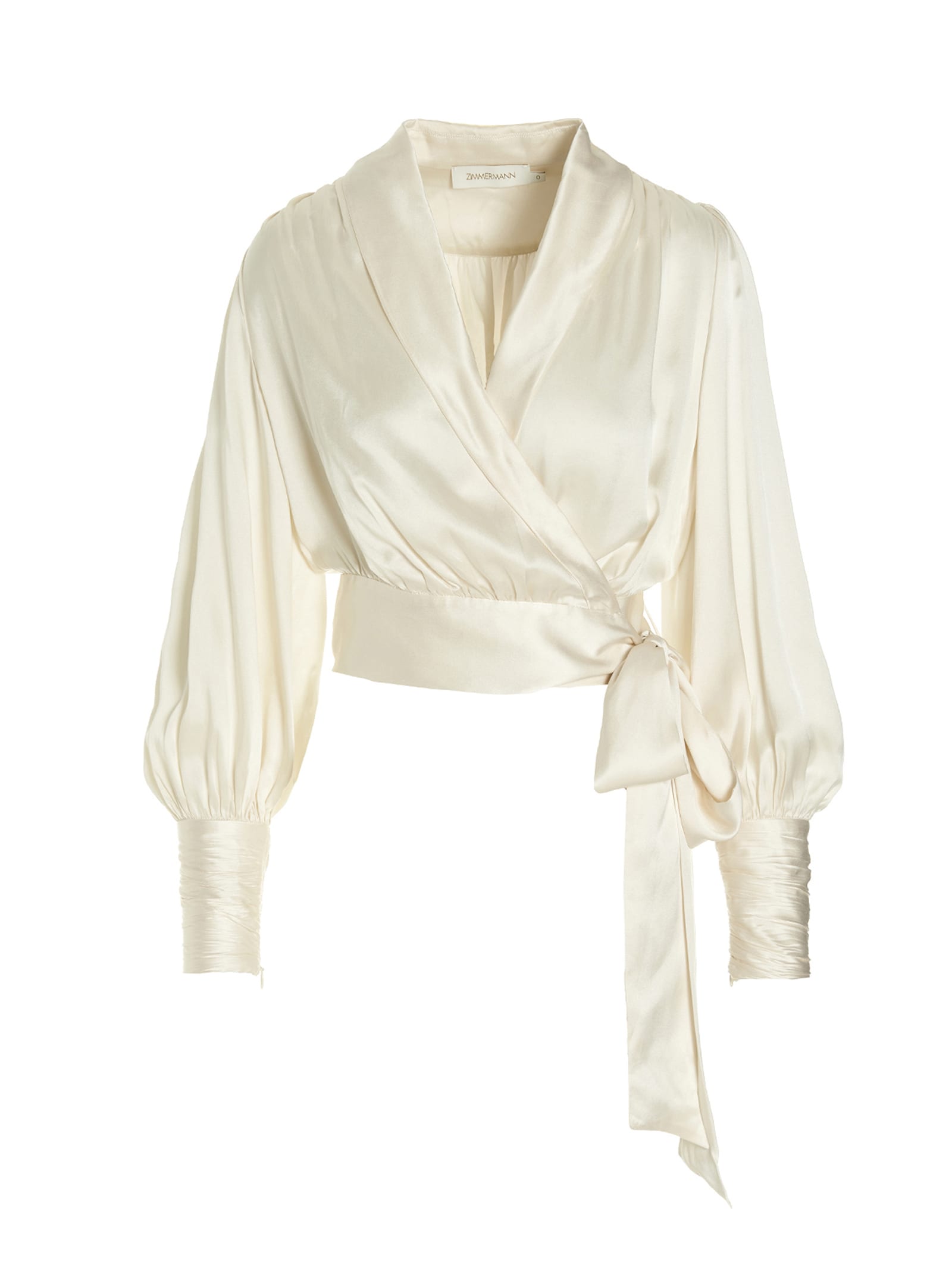 Zimmermann Ruched Silk-satin Wrap Blouse In White
