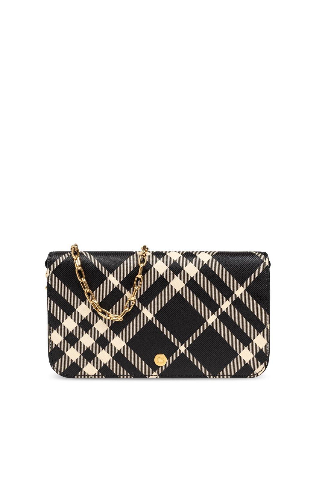 Shop Burberry Mini Check-printed Chain Strap Wallet In Nero