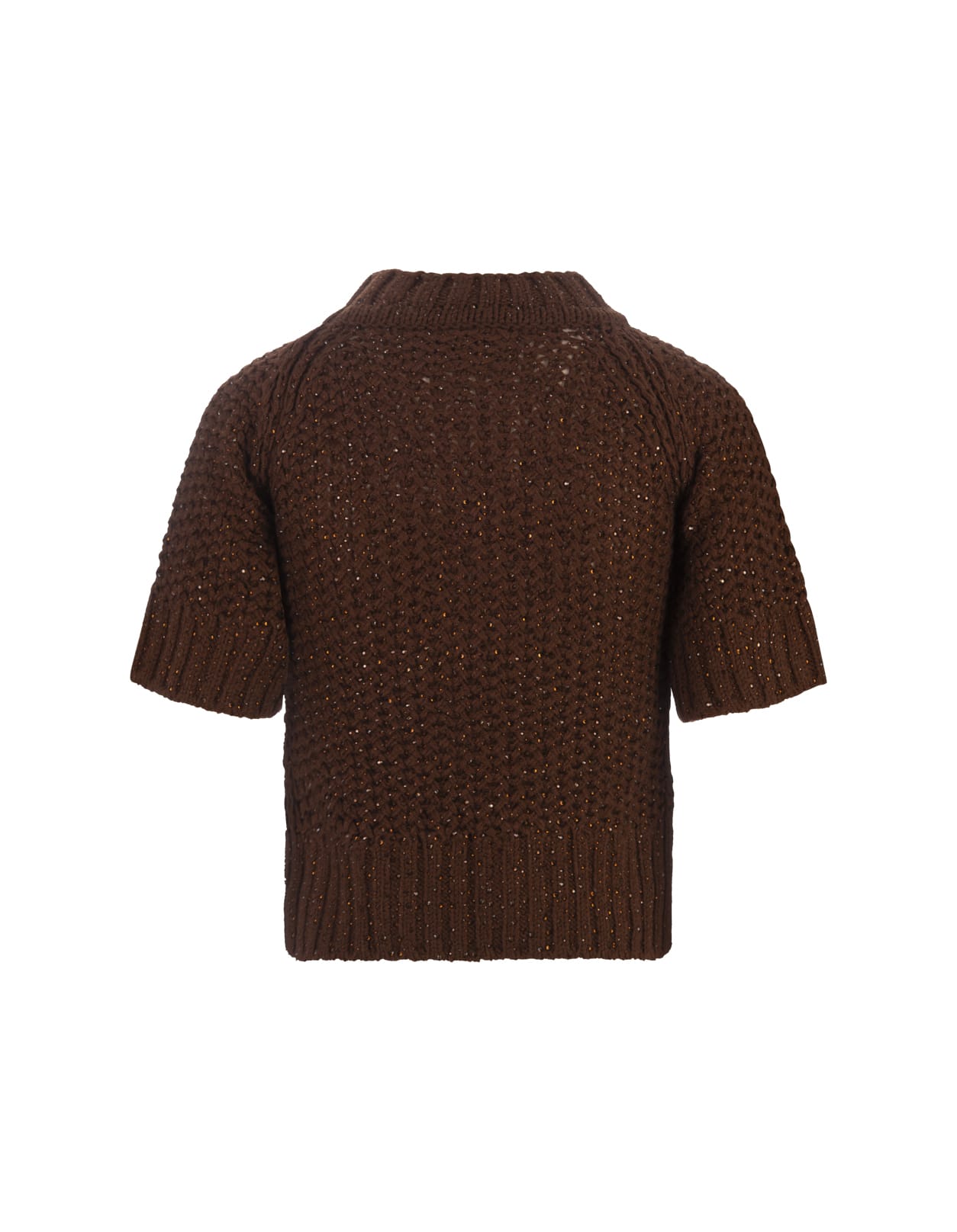 Shop Ermanno Scervino Brown Crop Short Sleeve Sweater With Crystals