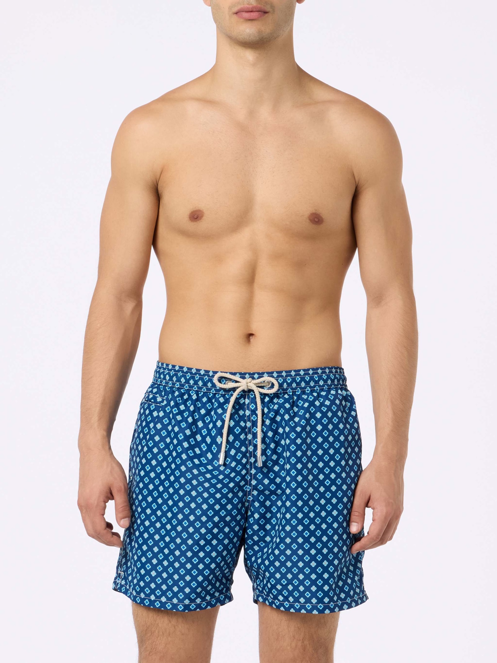 Mc2 Saint Barth Man Lightweight Fabric Swim-shorts Lighting Micro Fantasy With Tie Print In Blue