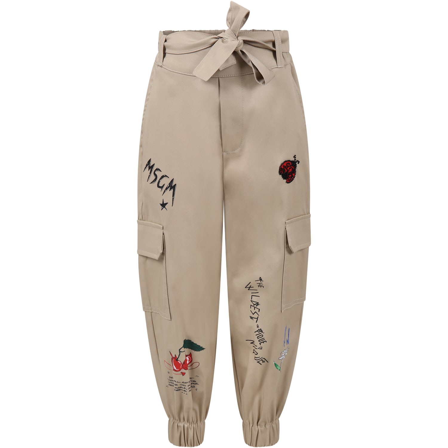 Msgm Kids' Beige Trousers For Girl With Multicolor Print And Logo