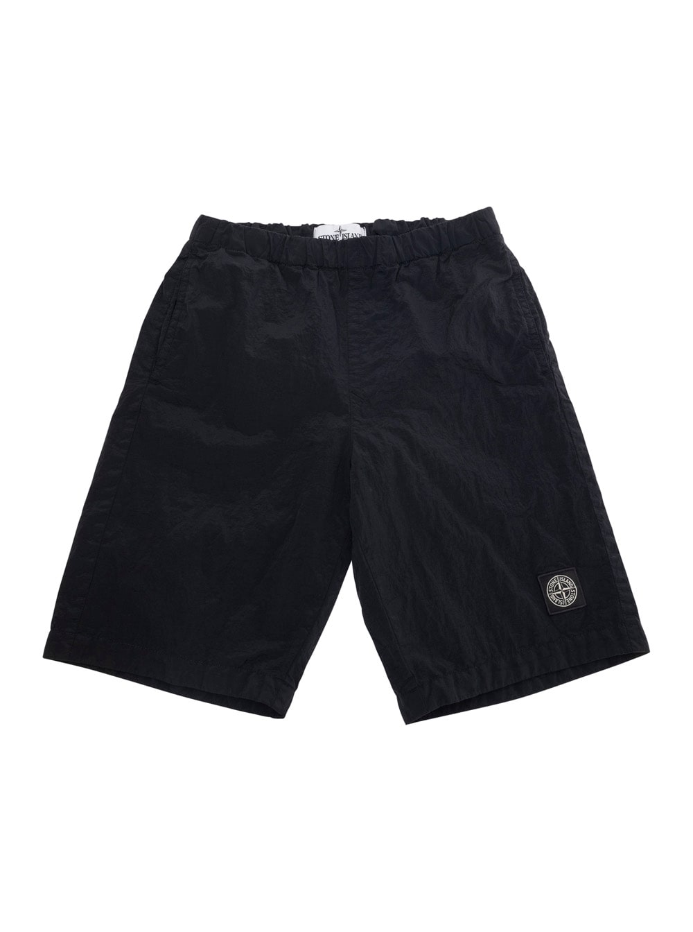 Stone Island Black Bermuda Pants With Elastic Waist And Patch Logo On The Front In Tech Fabric Boy In Black