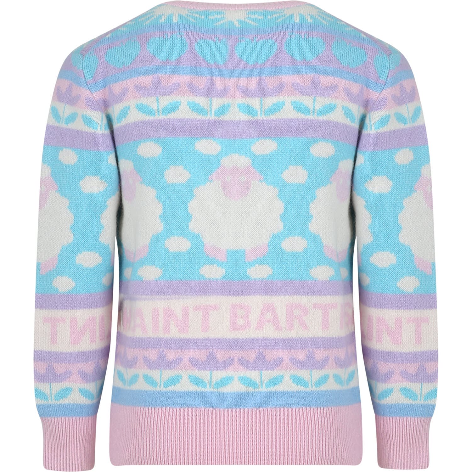 Shop Mc2 Saint Barth Light Blue Sweater For Girl With Logo And Jacqurd Motif In Multicolor