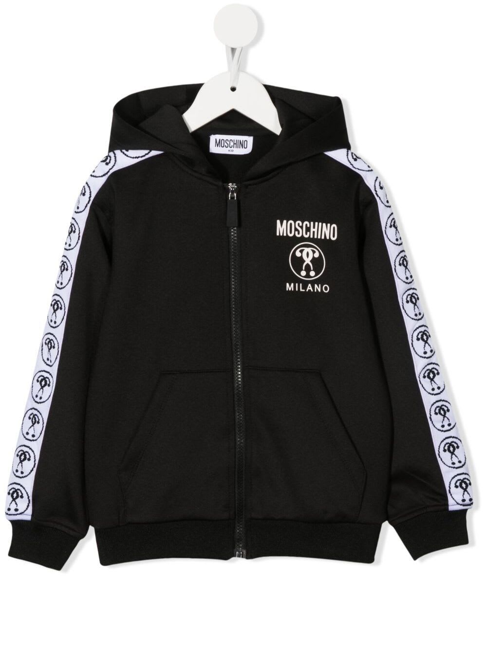 Moschino Black And White Zip Sweatshirt In Polyester With Double Question Mark Logo On The Band Sewn On The Sleeves