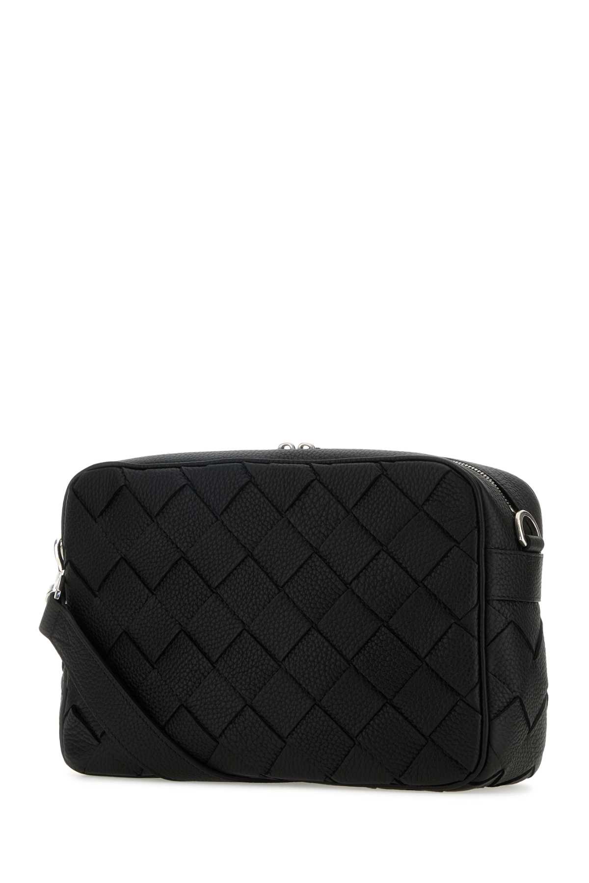 Bottega Veneta Black Leather Medium Camera Crossbody Bag In Blacksilver