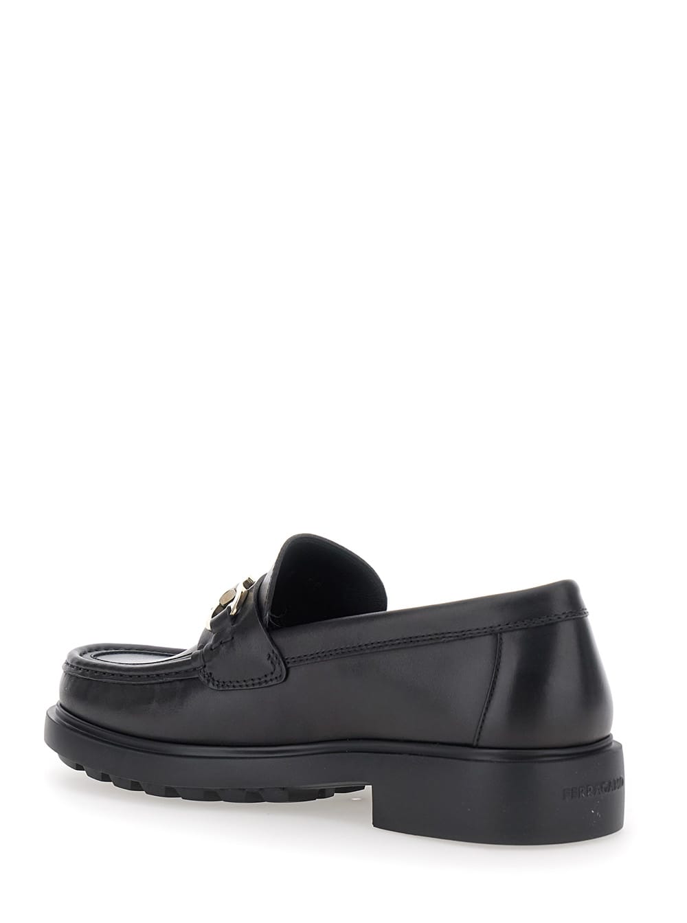 Ferragamo Black Leather Loafers With Gancini Ornament In Black