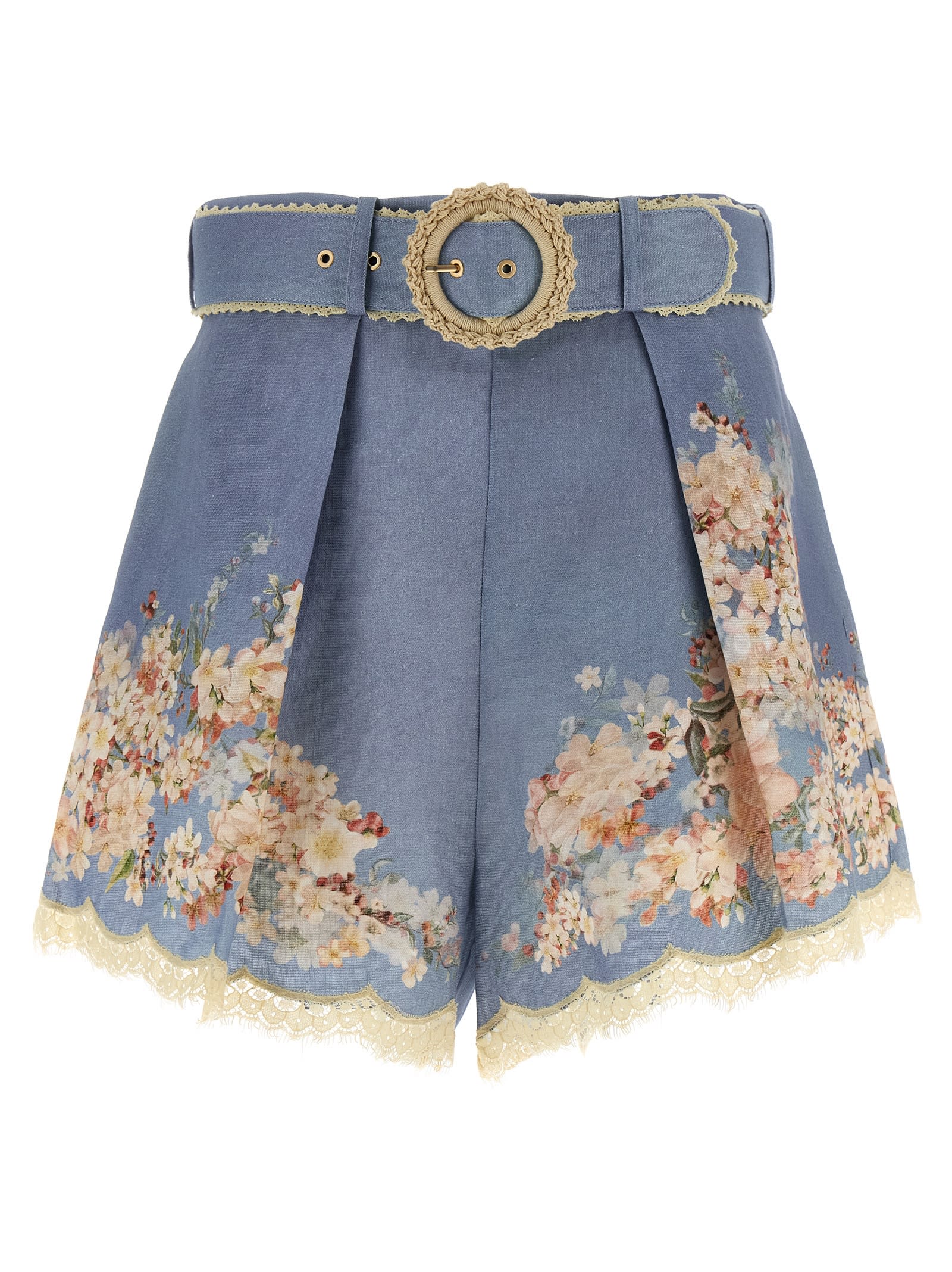 Zimmermann Teal Blue Botanical Floral Linen Cascadian Shorts In Blue